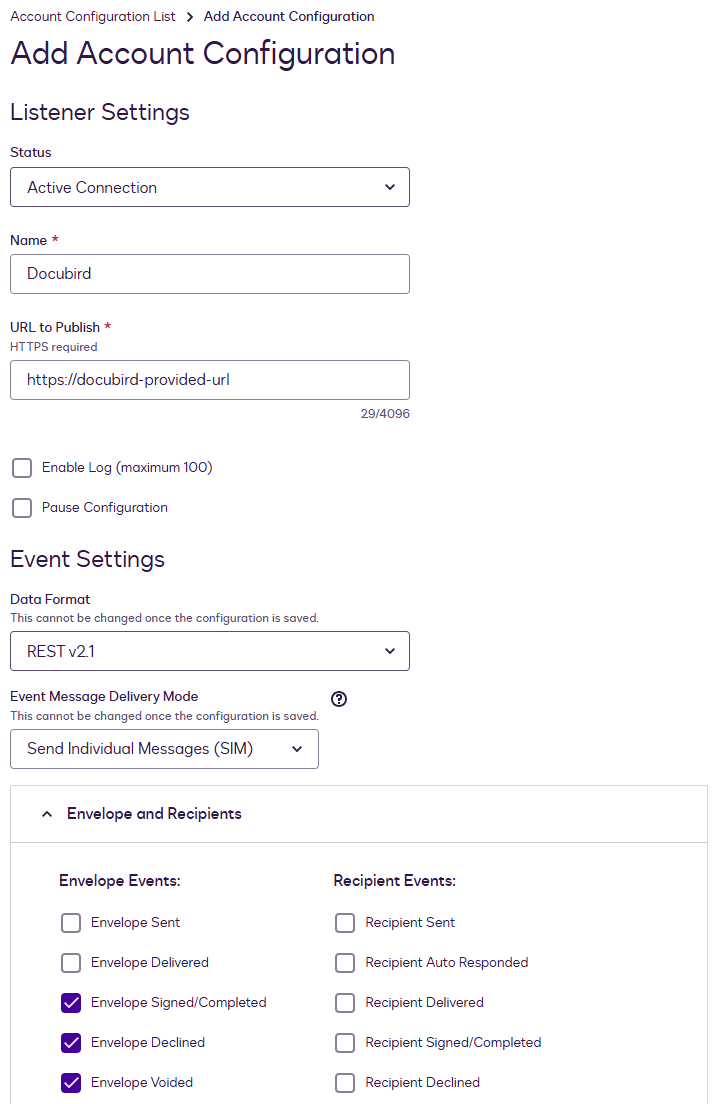 Docusign, Add Account Configuration: status Active Connection, naam Docubird, Data Format REST v2.1, Send Individual Messages, en bij Envelope Events Signed/Completed, Declined en Voided aangevinkt.